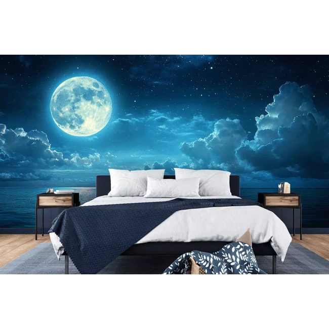 Tapeta do sypialni 3D na ścianę - Księżyc, Ocean, Chmury - R2409272